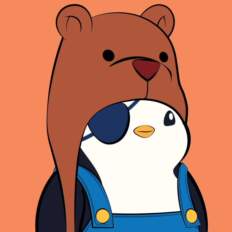 Pudgy Penguins: Penguin wearing a bear hat and blue overalls